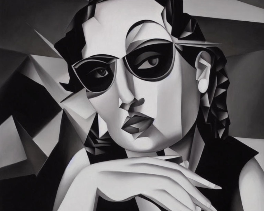 Monochrome Cubist-Style Portrait of Woman with Sunglasses and Earring