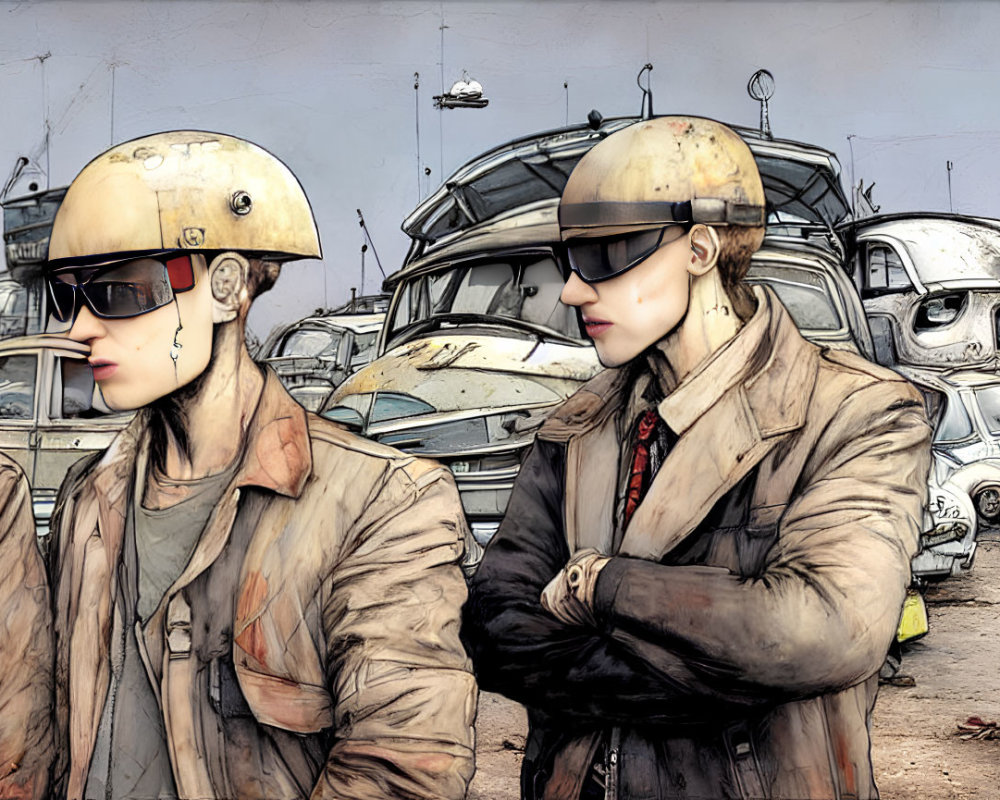 Stylized characters in helmets and goggles in post-apocalyptic junkyard