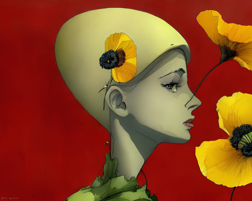 Surreal woman profile with yellow poppy flowers on red background