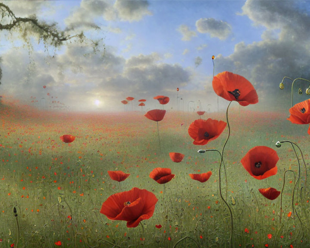 Tranquil field of red poppies with lone twisted tree at sunrise