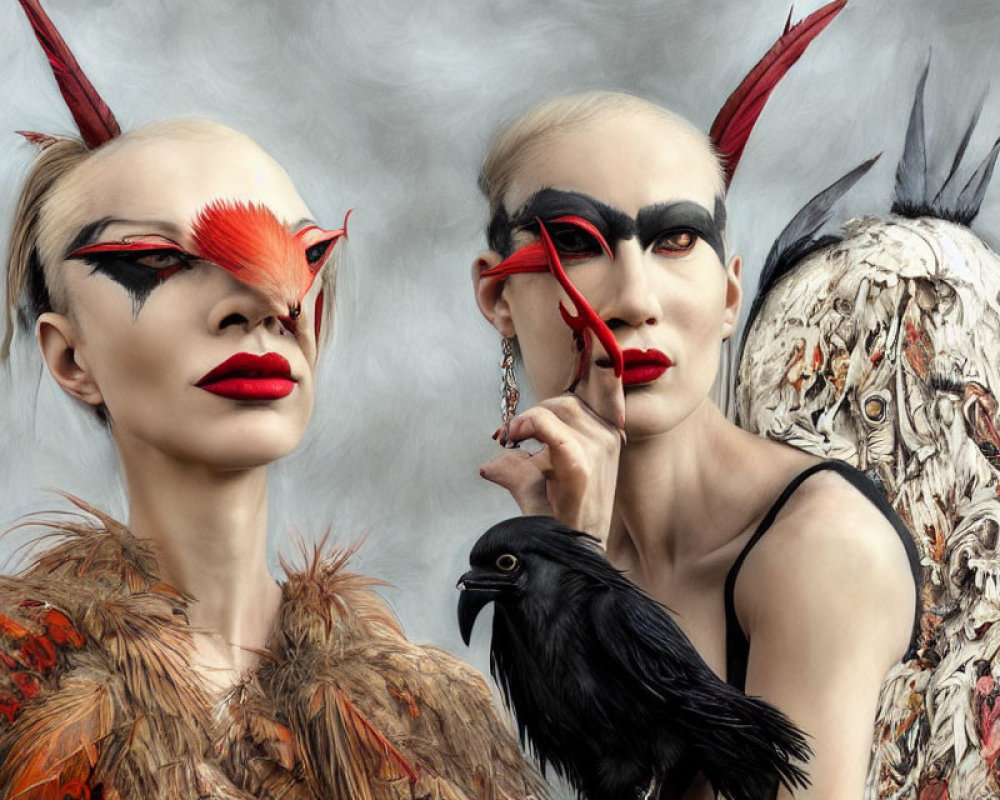 Avant-garde makeup and red accents on individuals with crow and feather outfits against a smoky background