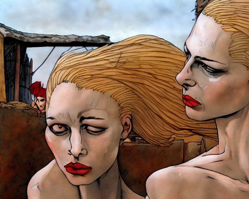 Stylized female figures with exaggerated features in desolate setting