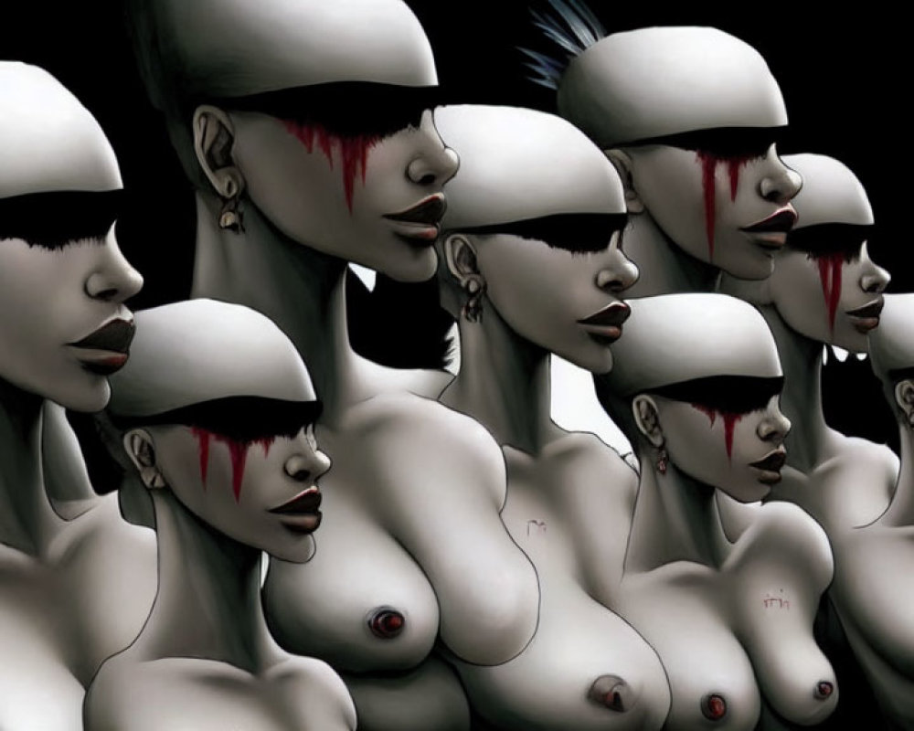 Bald humanoid figures with white visors and red accents in dark setting