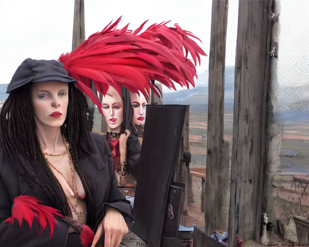 Three Female Mannequins in Striking Red Feathered Hats and Dark Makeup, Dressed in