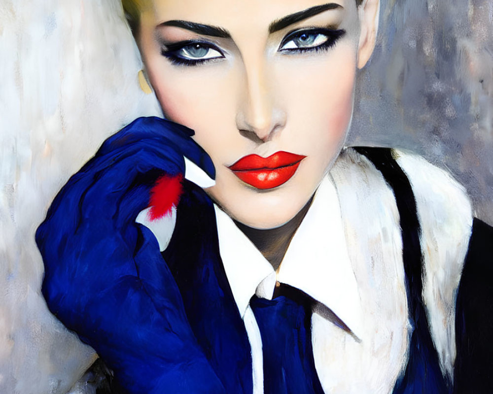 Portrait of woman with bold makeup and striking gaze in white blouse and blue sweater