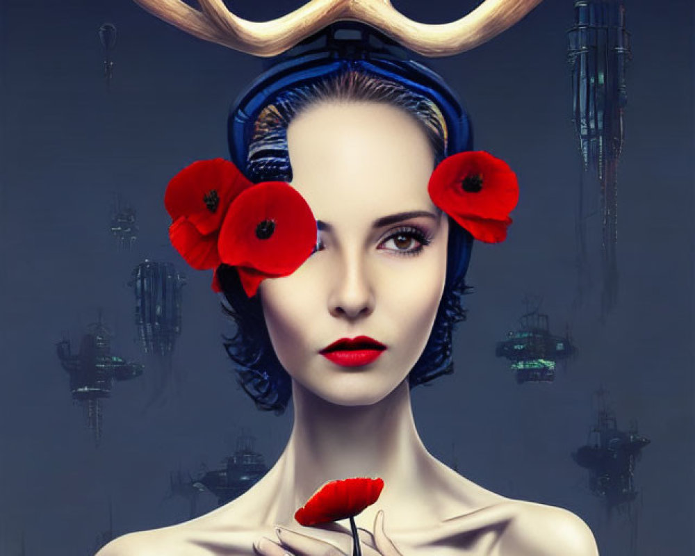 Surreal portrait of woman with antlers and poppies in hair, futuristic cityscape background