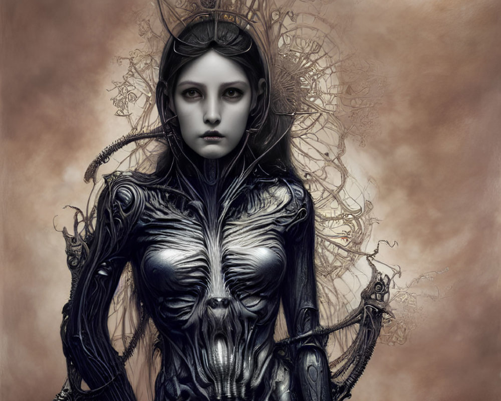 Dark fantasy art: Pale woman in crown and armor with skeletal and mechanical elements