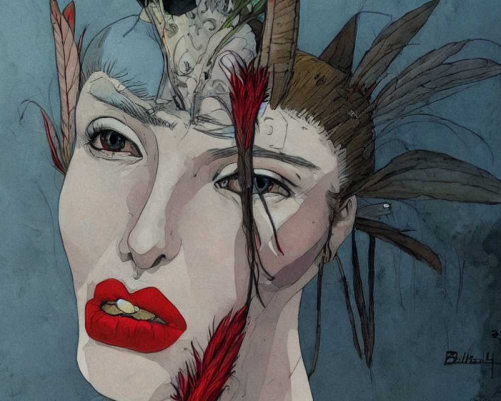 Watercolor illustration of woman with red lips and feathered headpiece