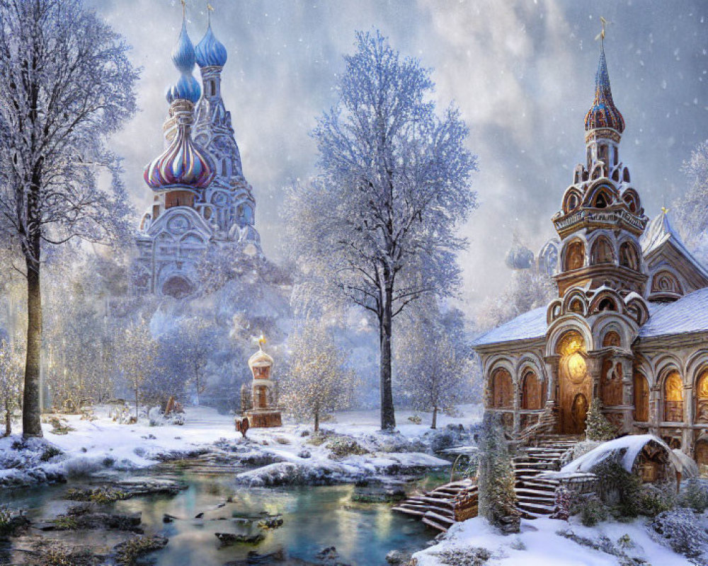 Winter scene: ornate church, chapel, snow-covered trees, gentle snowfall, frozen river