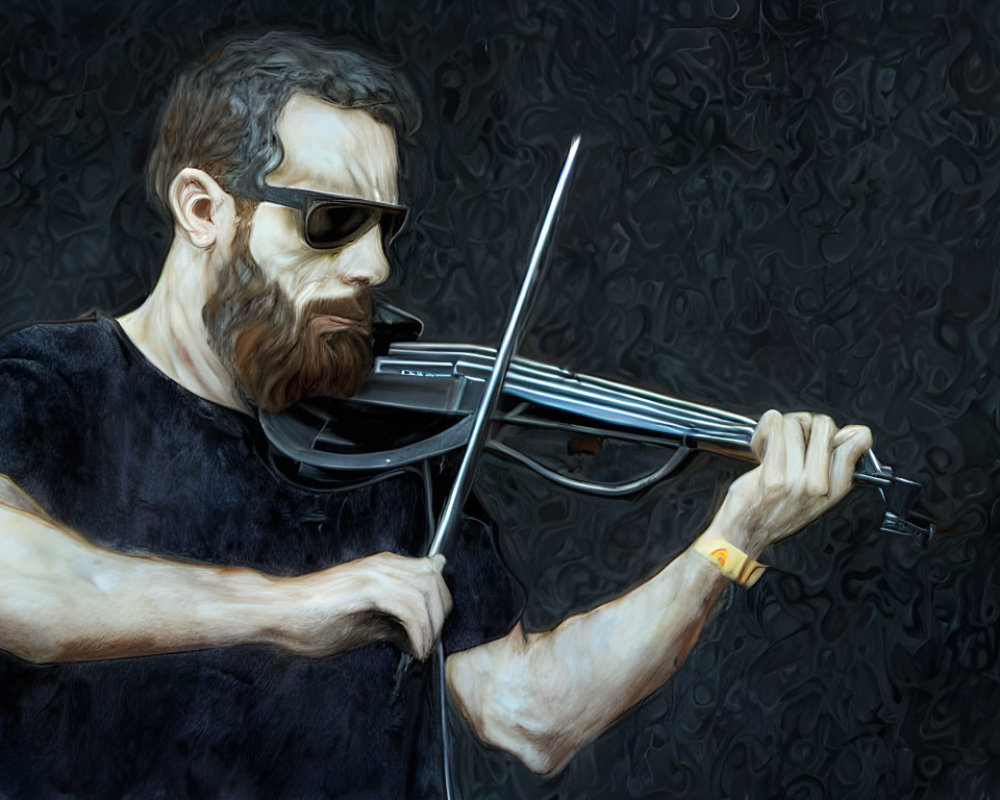 Bearded man playing violin with sunglasses on dark textured background