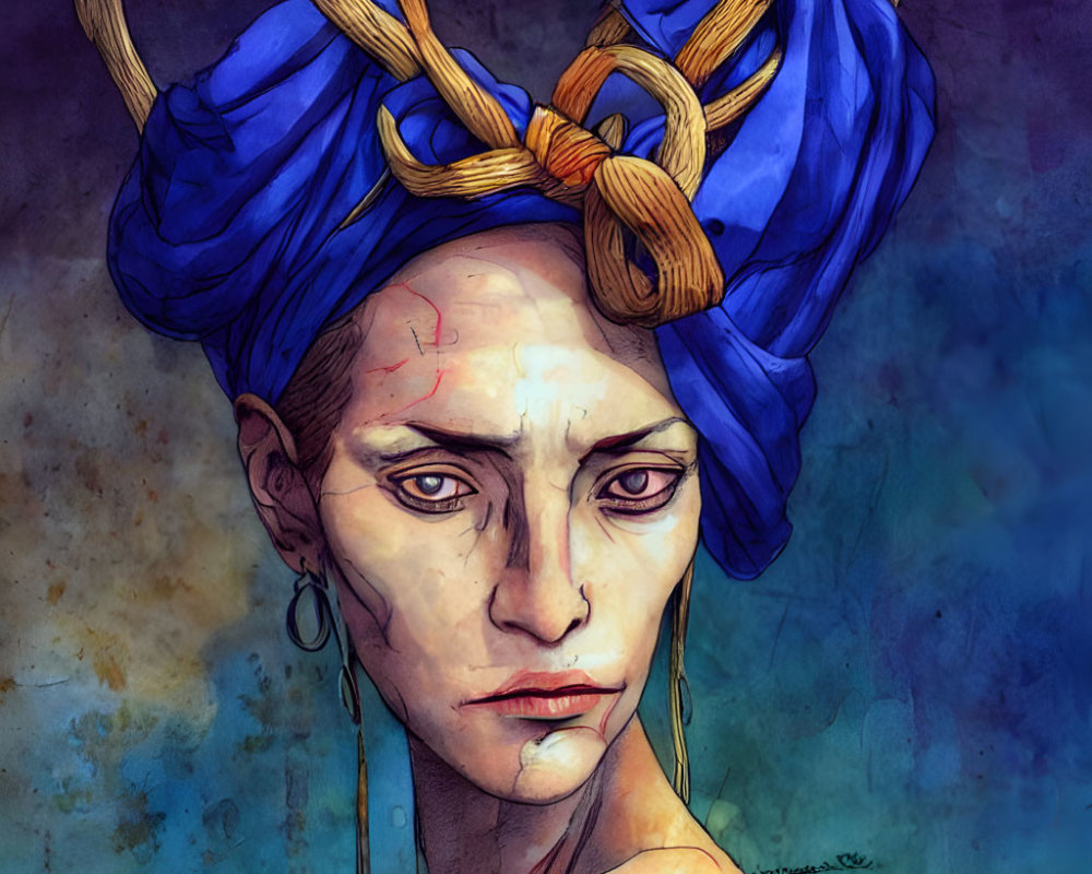 Portrait of a person with blue turban and intense gaze