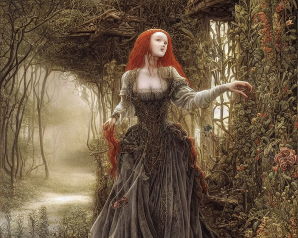 Red-haired woman in gray dress poses in mystical forest with lush greenery.