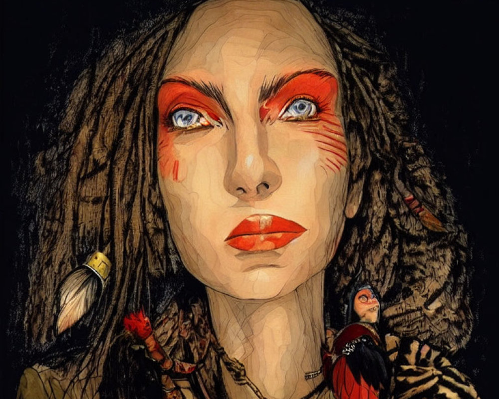 Illustration of woman with red eyeshadow, red lips, and dreadlocks with feathers and beads