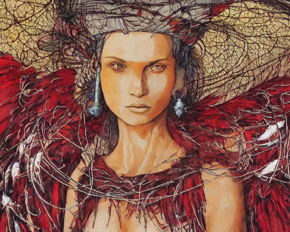 Illustrated woman with red feathered wings and twig crown, featuring intricate designs.