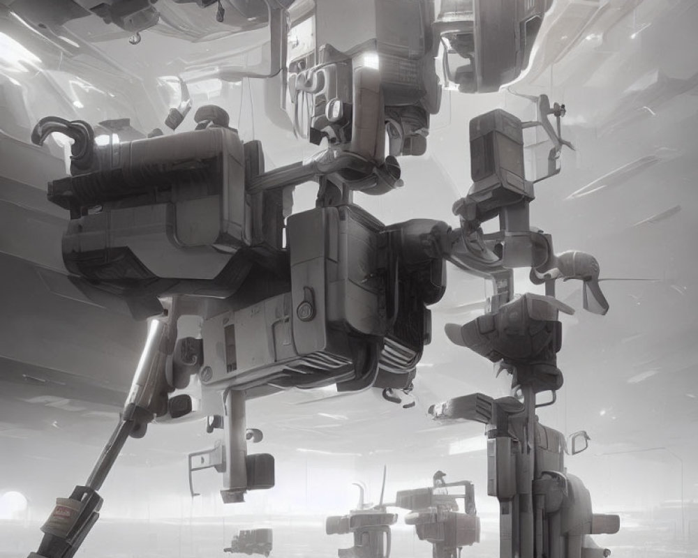 Monochromatic grayscale futuristic factory scene