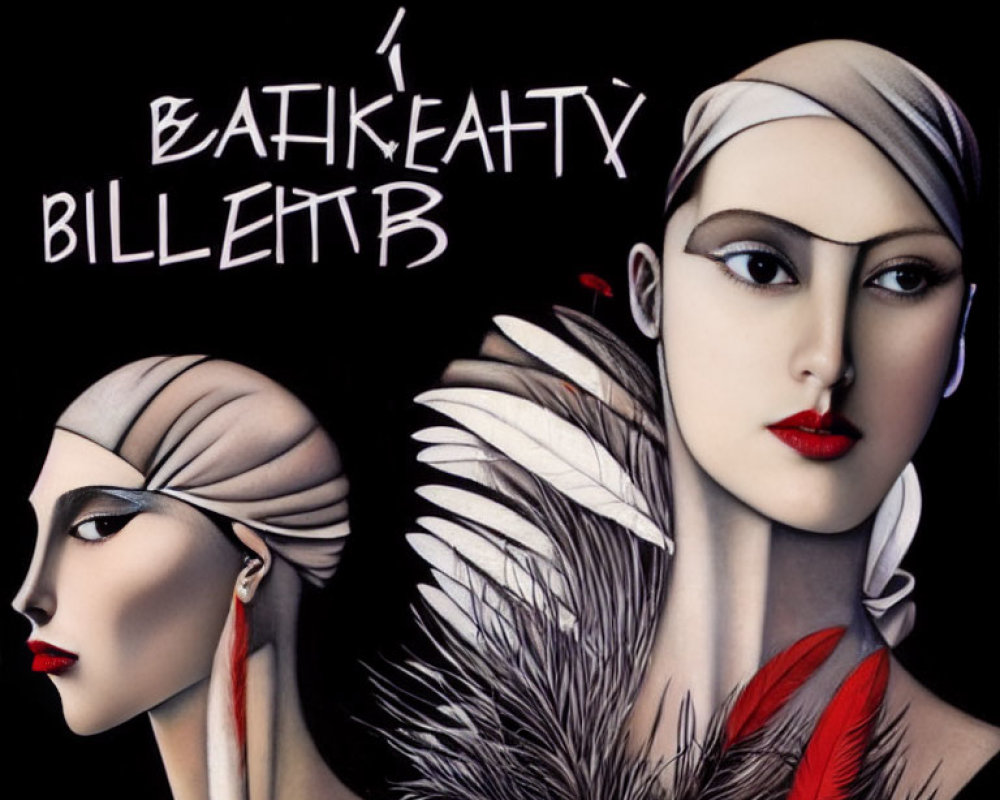 Stylized female faces with feather details and makeup on black background