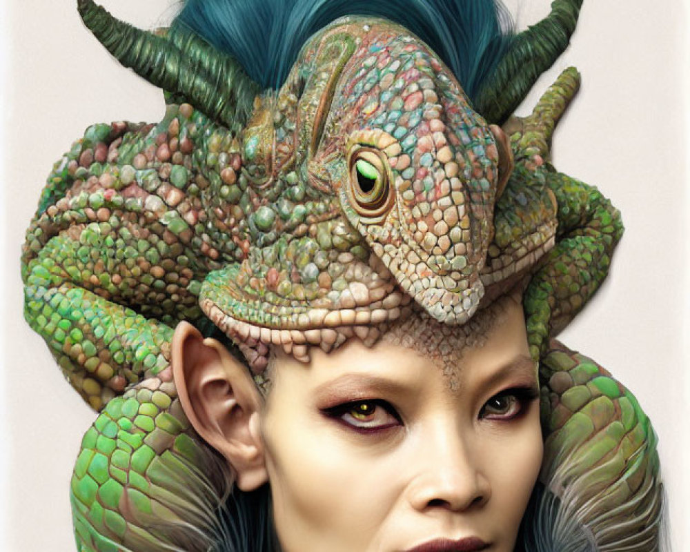 Fantasy-themed image: Human face with reptilian features, green scales, horns, and crest on