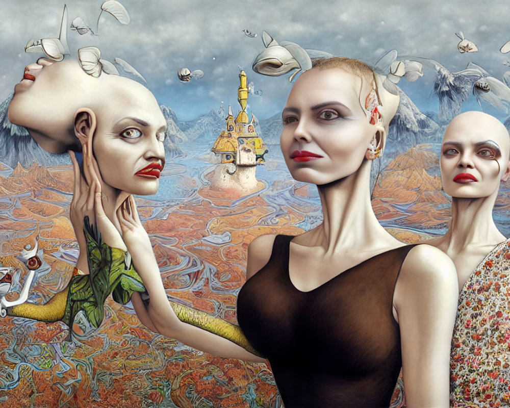 Surreal artwork featuring three female figures with unique heads and a floating castle.