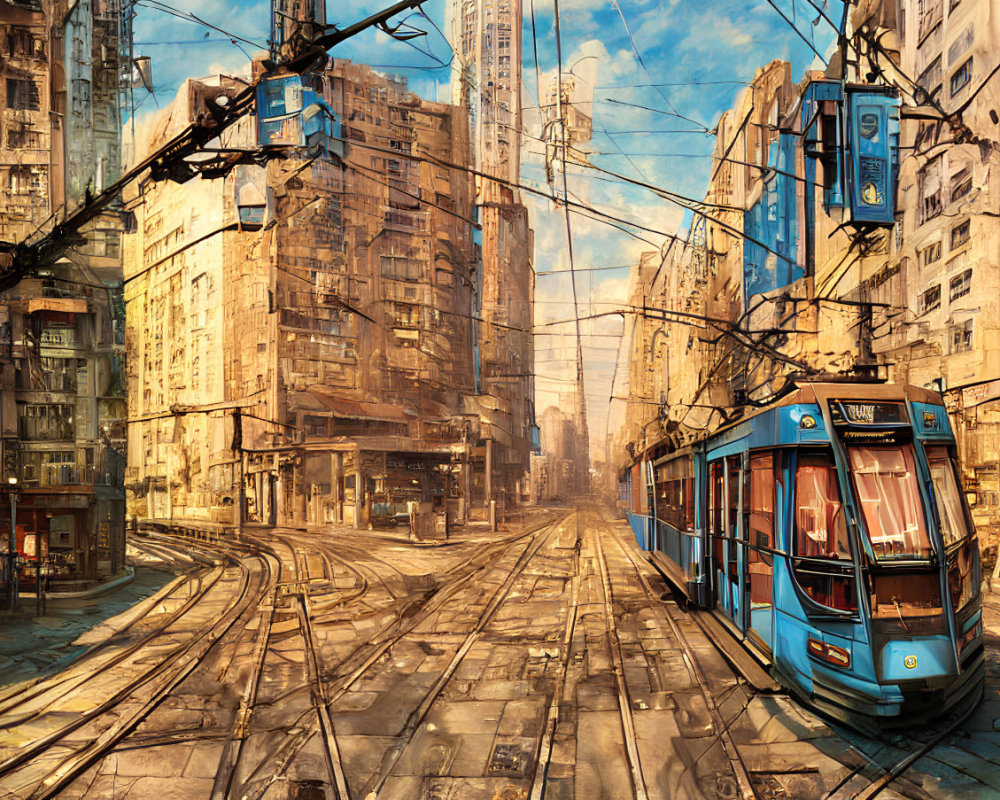 Futuristic tram in sunlit dystopian cityscape