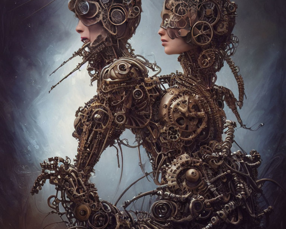 Intricately designed steampunk-style robots with humanoid features and mechanical parts on nebulous backdrop