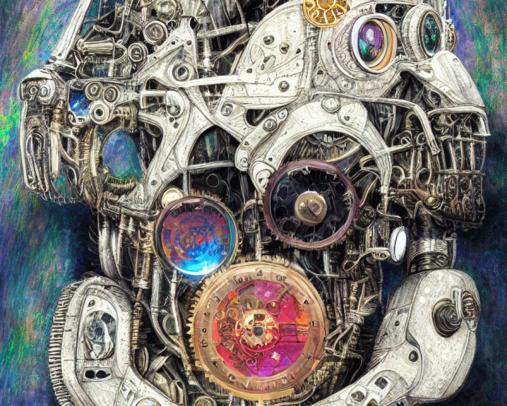 Detailed Steampunk Robotic Head with Gears and Lenses on Colorful Background