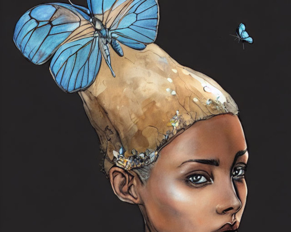 Bald Woman with Golden Flakes, Flowers, and Blue Butterflies