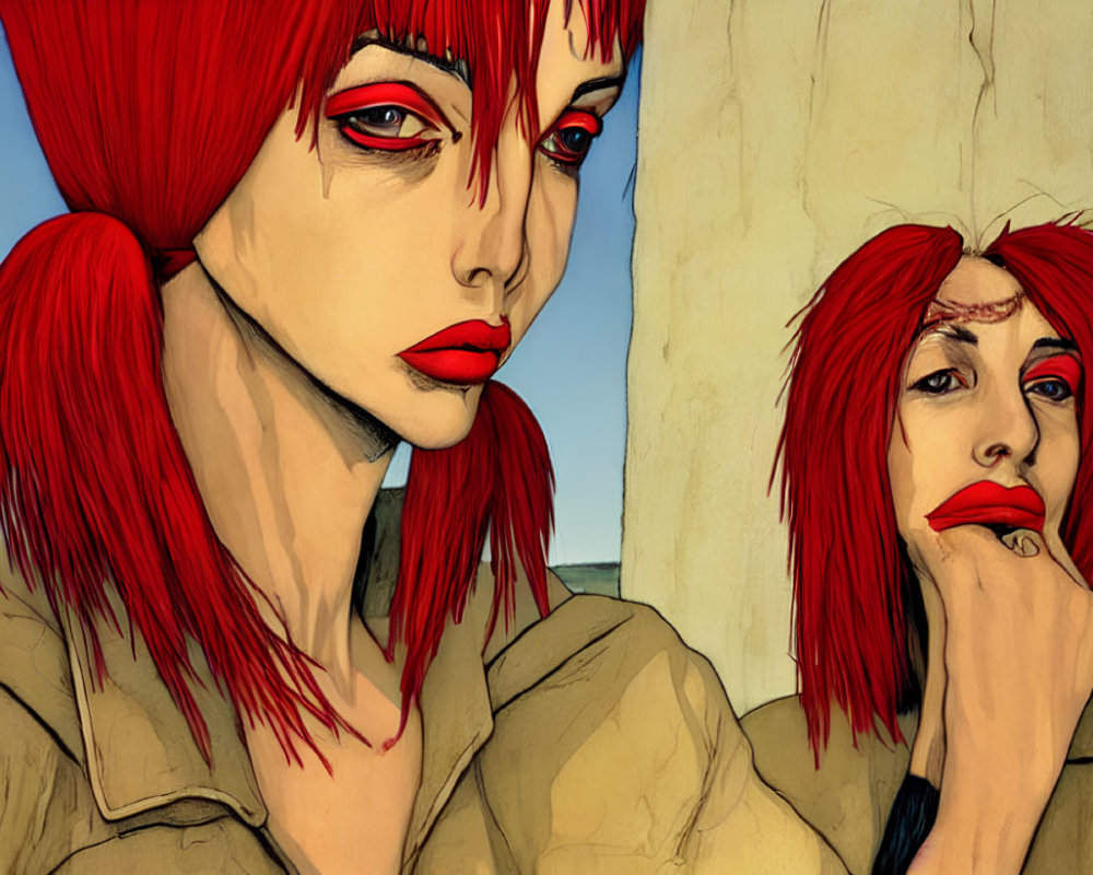 Stylized illustration of woman with red hair and pensive expression.