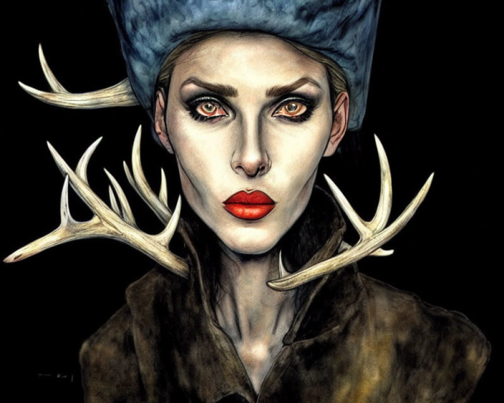 Stylized illustration of person with antlers and red lipstick