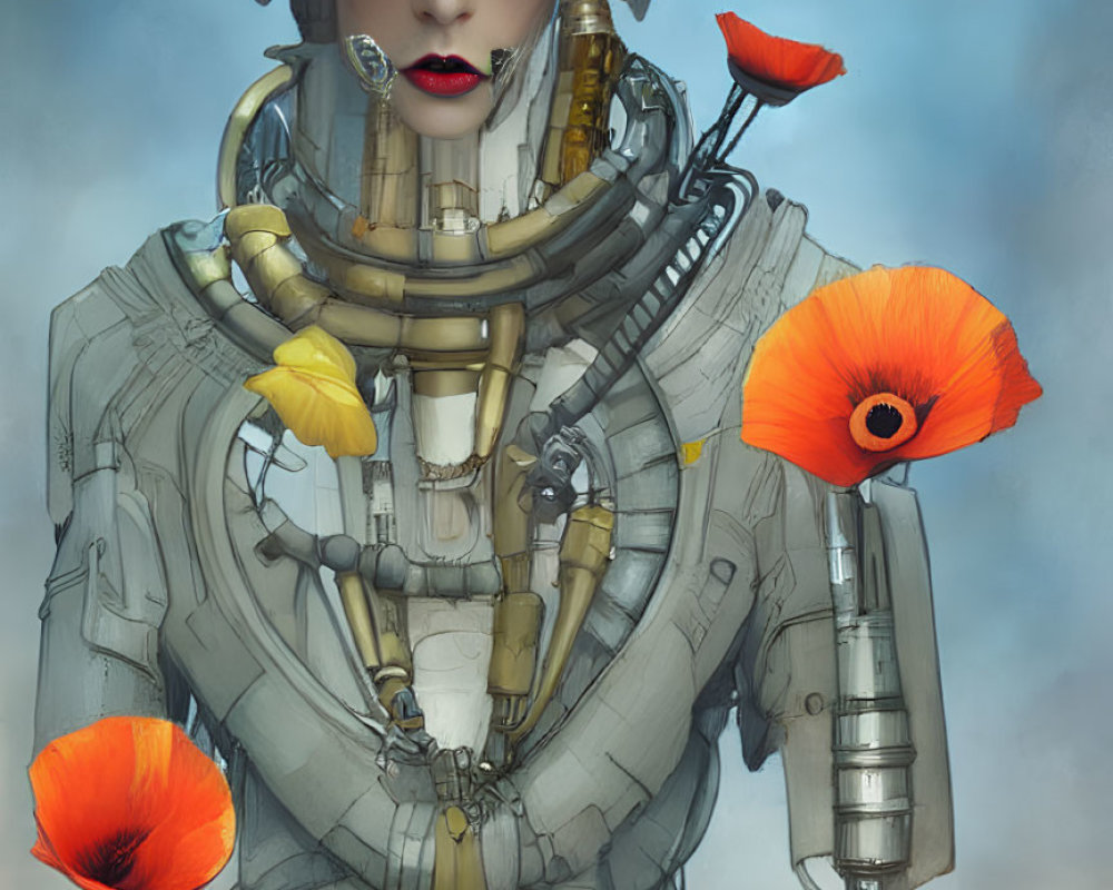 Futuristic humanoid robot with goggles among red poppies and cloudy sky