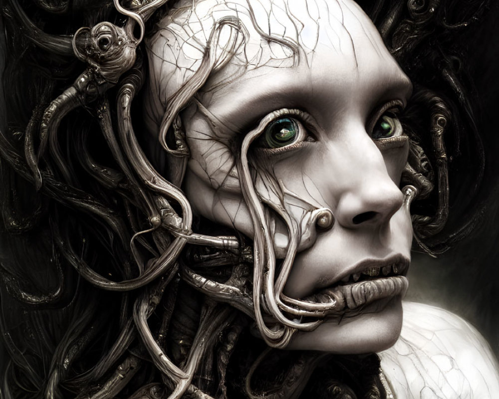 Surreal woman with serpentine hair and green eyes in detailed art