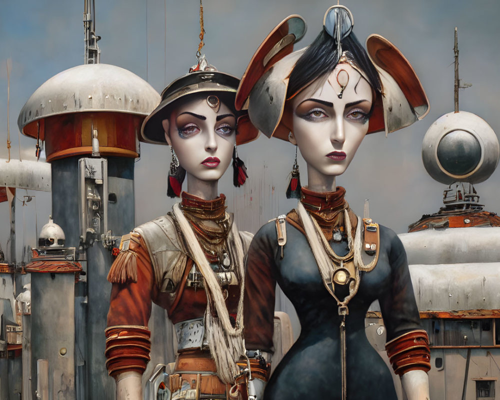 Futuristic female androids in stylish attire against industrial backdrop