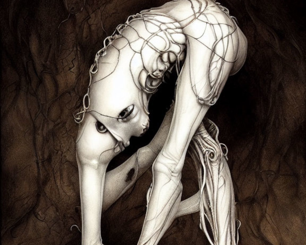 Detailed skeletal humanoid crouching in dark, root-filled setting