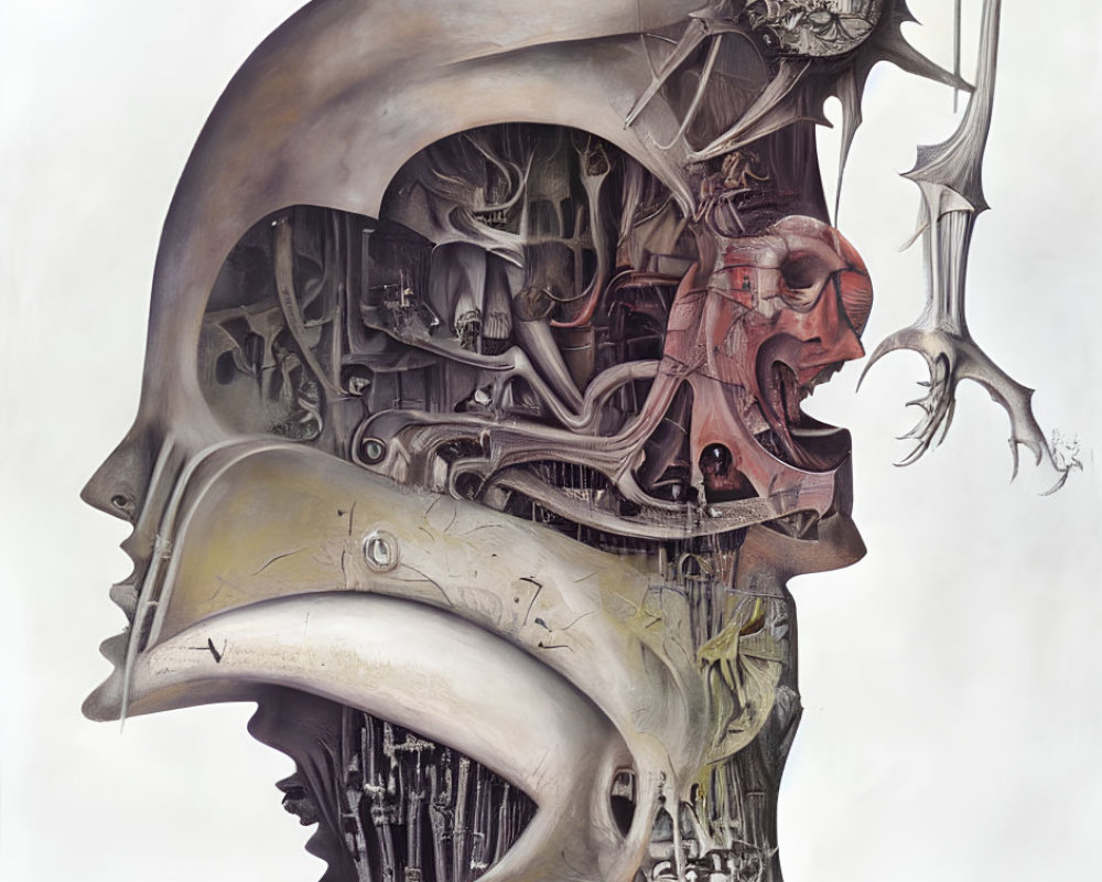 Abstract Surrealist Painting: Mechanical Bird Head with Intricate Details and Hidden Figures