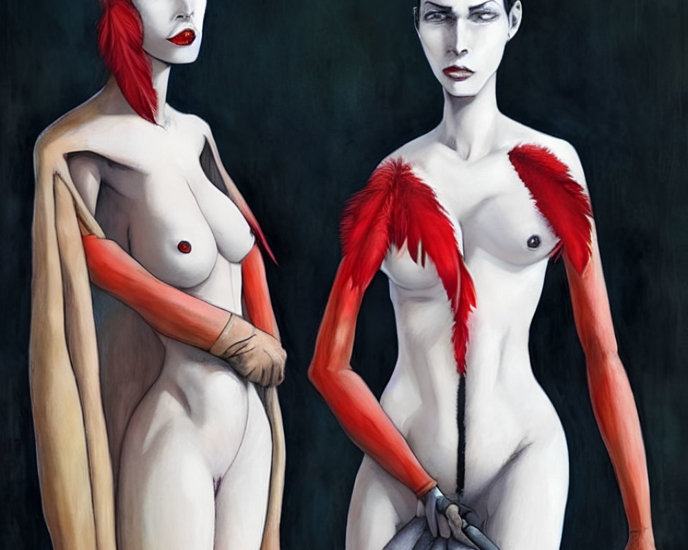 Stylized female figures with red and white body paint and feather crest holding a staff