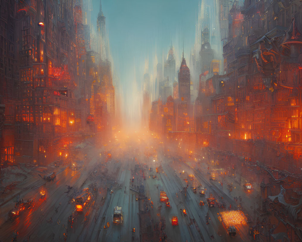 Futuristic cityscape at dusk: radiant lights, skyscrapers, traffic