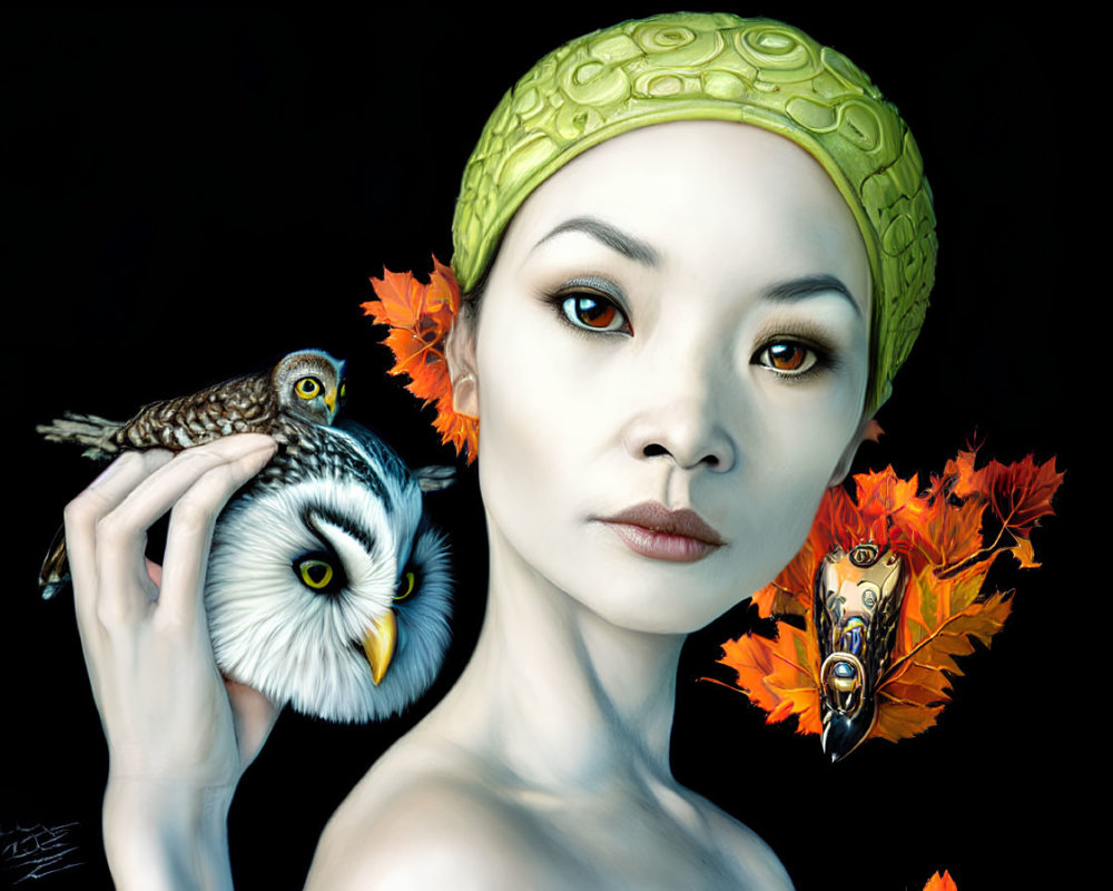 Woman with green headscarf holding owls in orange leaf setting with ornate mask