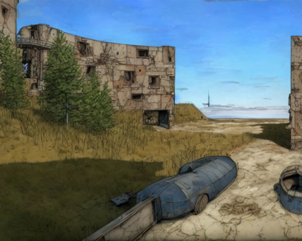 Dilapidated buildings and overgrown grass in animated landscape