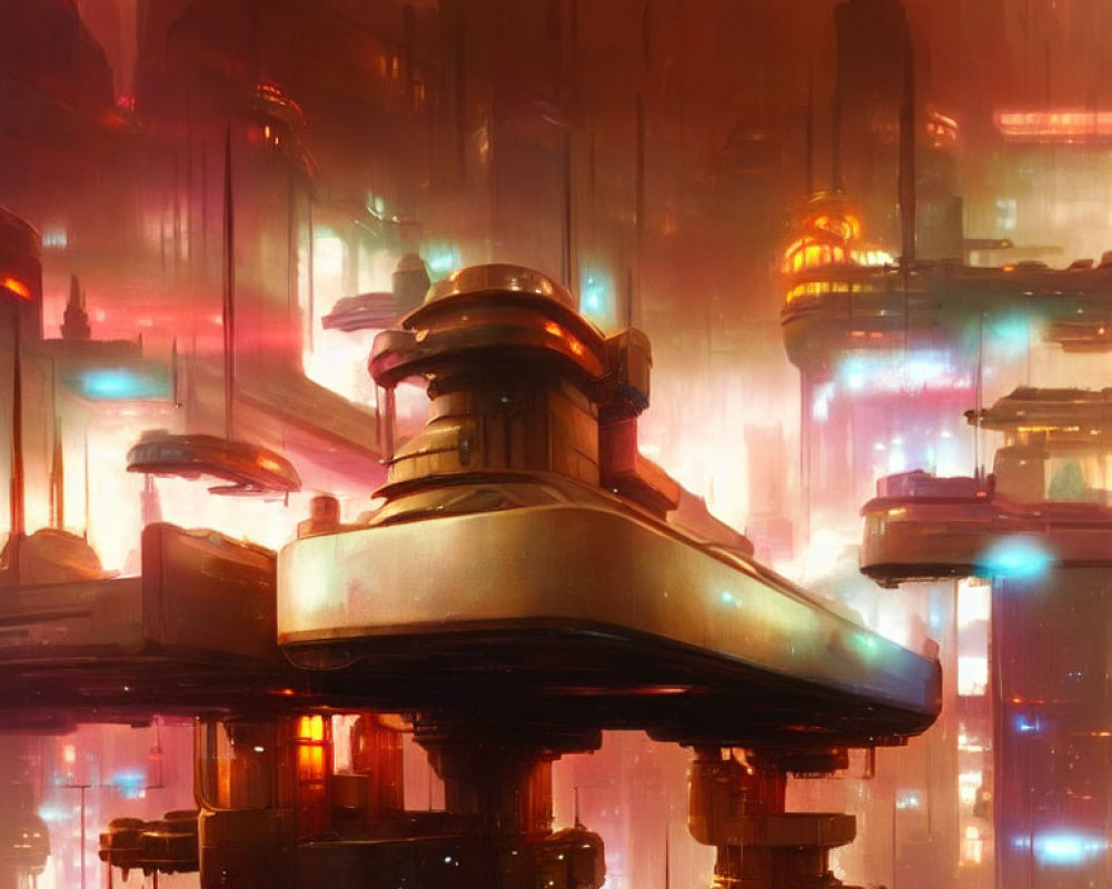 Futuristic cityscape with neon-lit skyscrapers and hovercraft