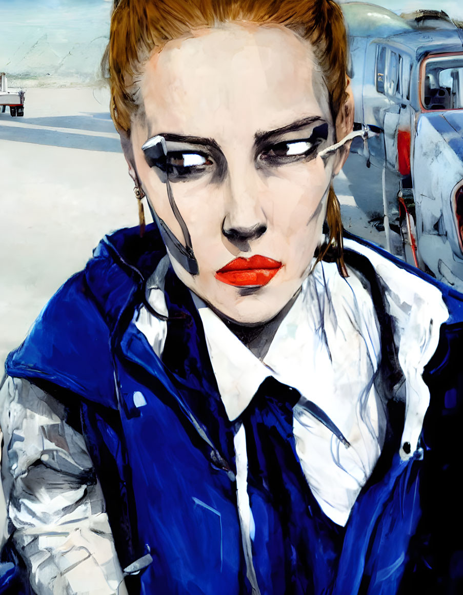 Stylized painting of a woman in blue jacket with vintage cars