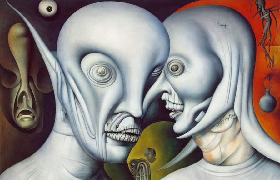 Distorted humanoid faces in surreal artwork with abstract elements