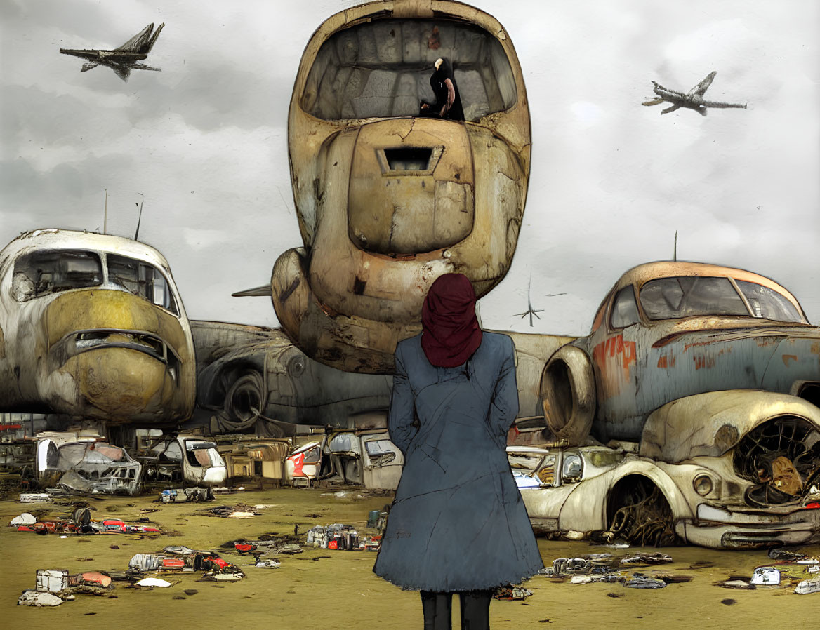 Person in Red Headscarf Surrounded by Derelict Planes and Cars