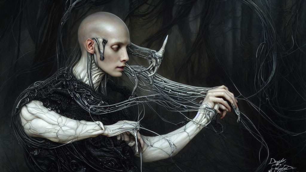 Ethereal bald being with elongated ears entwined in tendrils