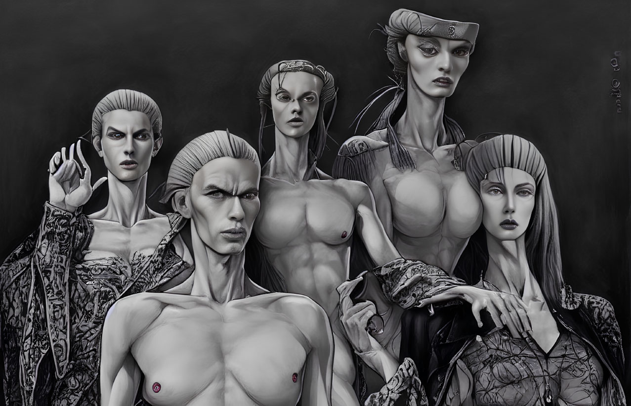 Grayscale digital painting of five androgynous figures in intricate attire on dark background