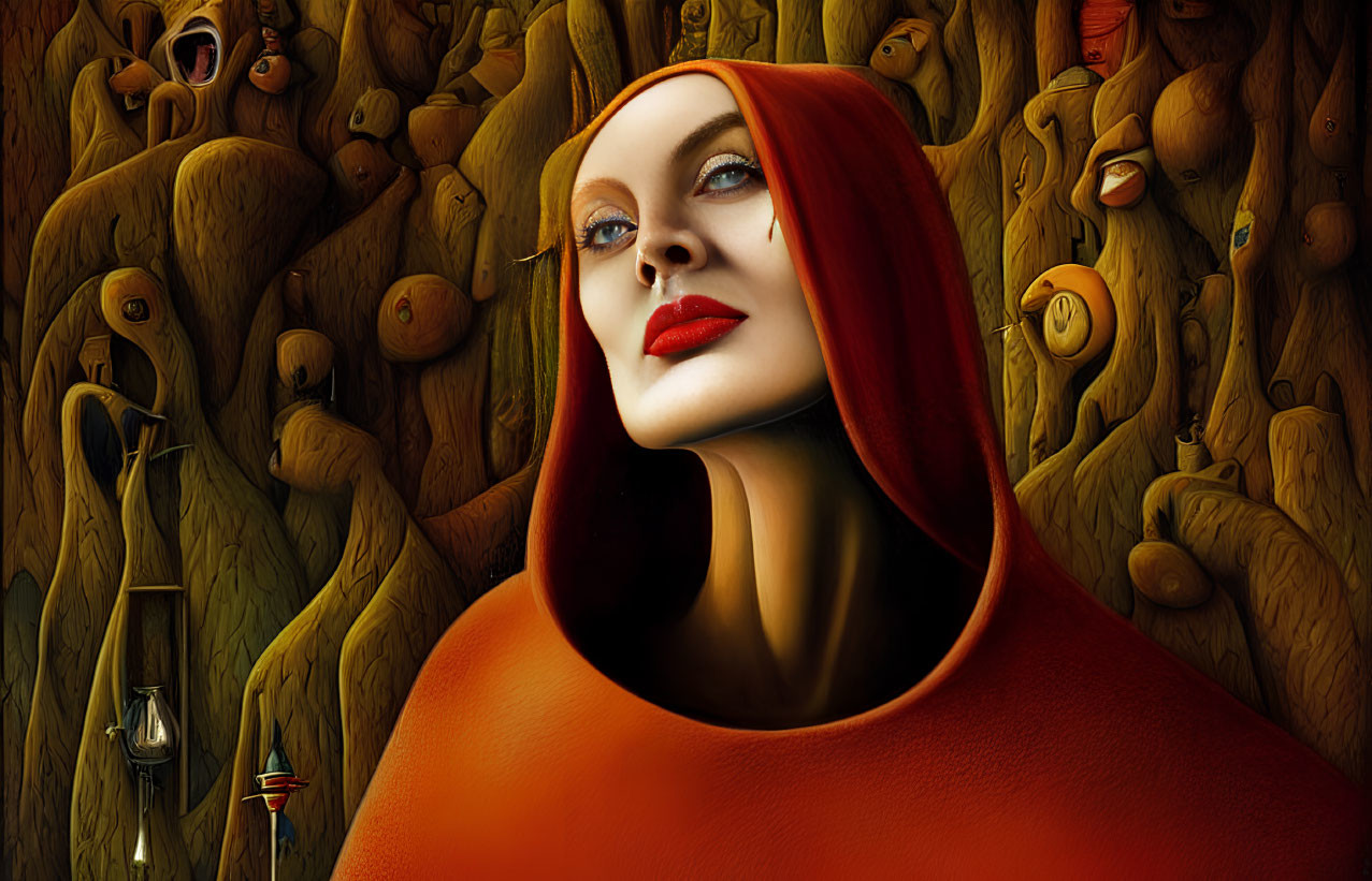 Red-haired woman in cloak on surreal background with wooden figures and lanterns