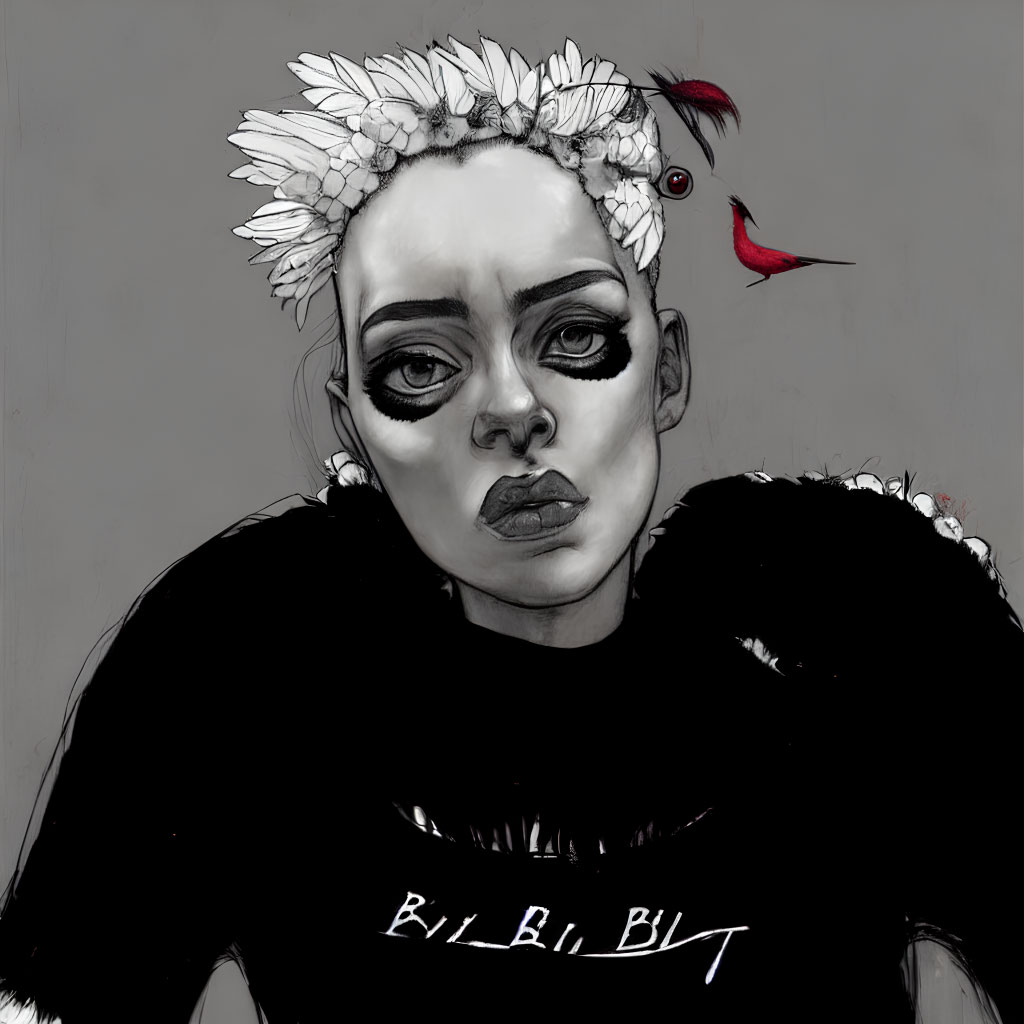 Monochrome illustration of woman with floral crown and red bird, intense gaze, shirt with text