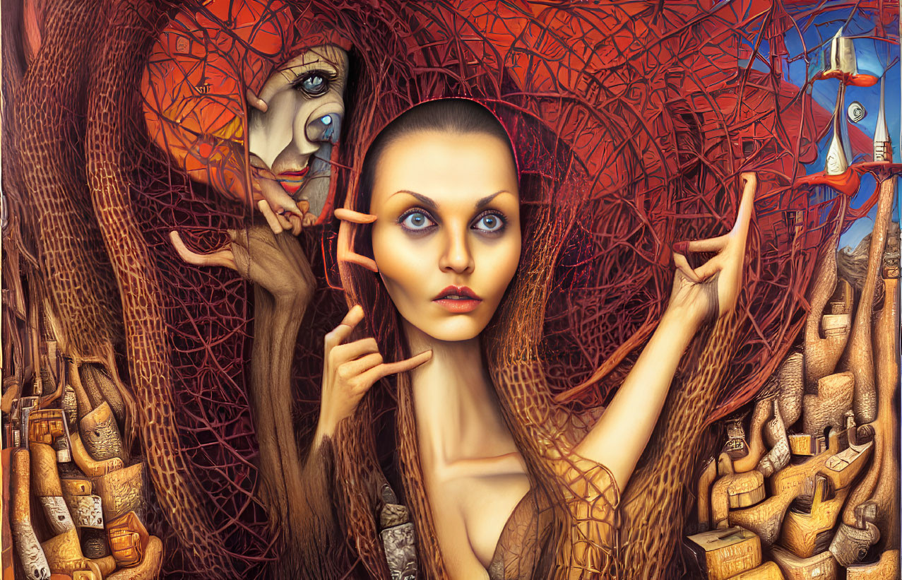 Surreal artwork: Woman with piercing eyes, distorted face, intertwined branches.