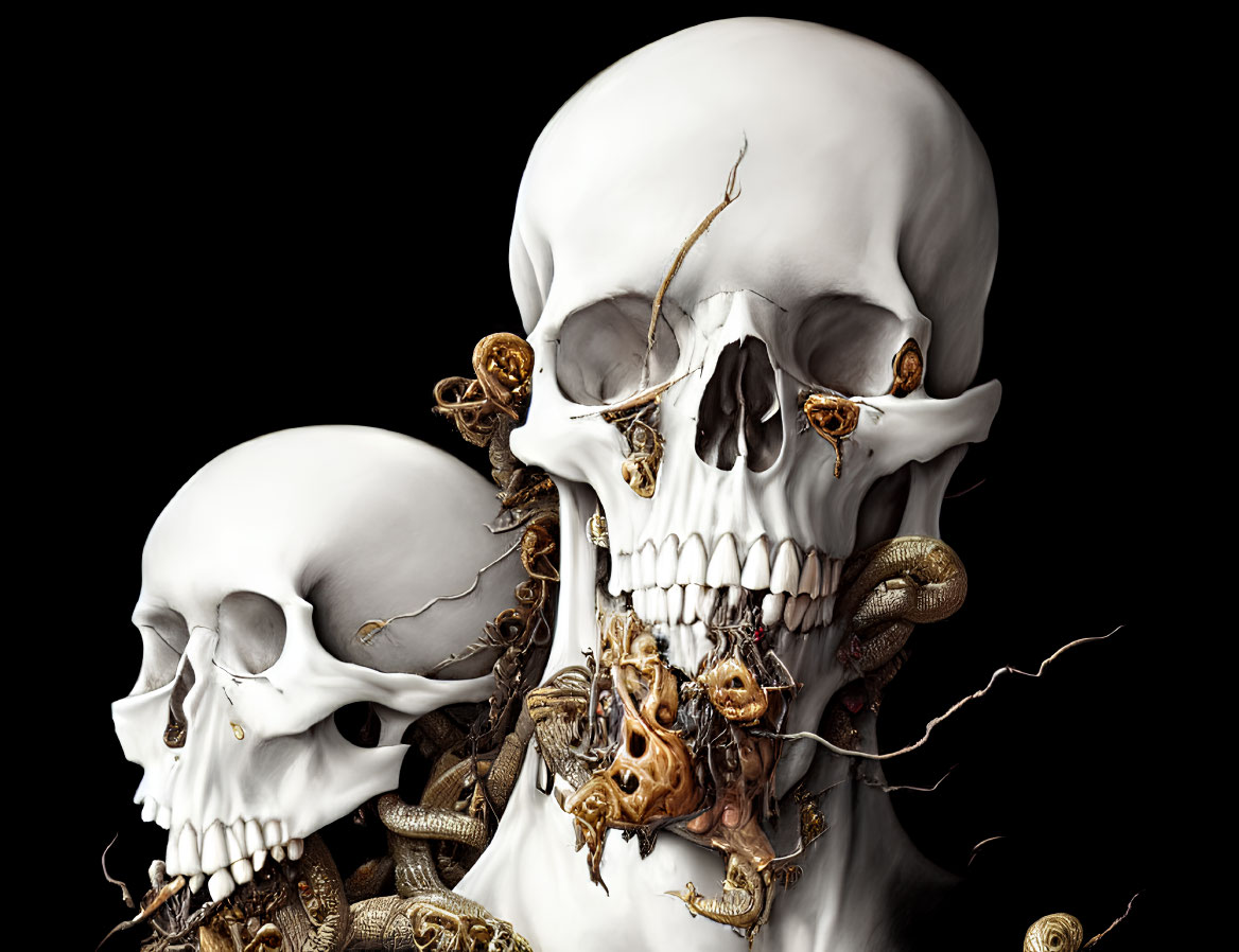 Human skulls entwined with snakes and smaller skulls on dark background