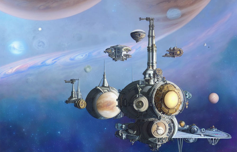 Futuristic space stations and spacecraft near gas giant moons