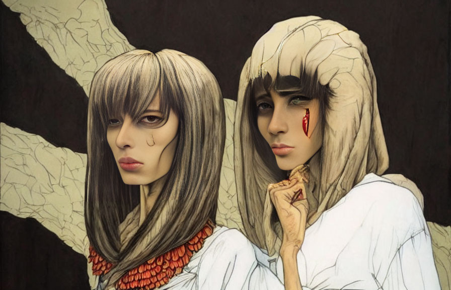 Two women with stylized hair and makeup, one with a tear of blood