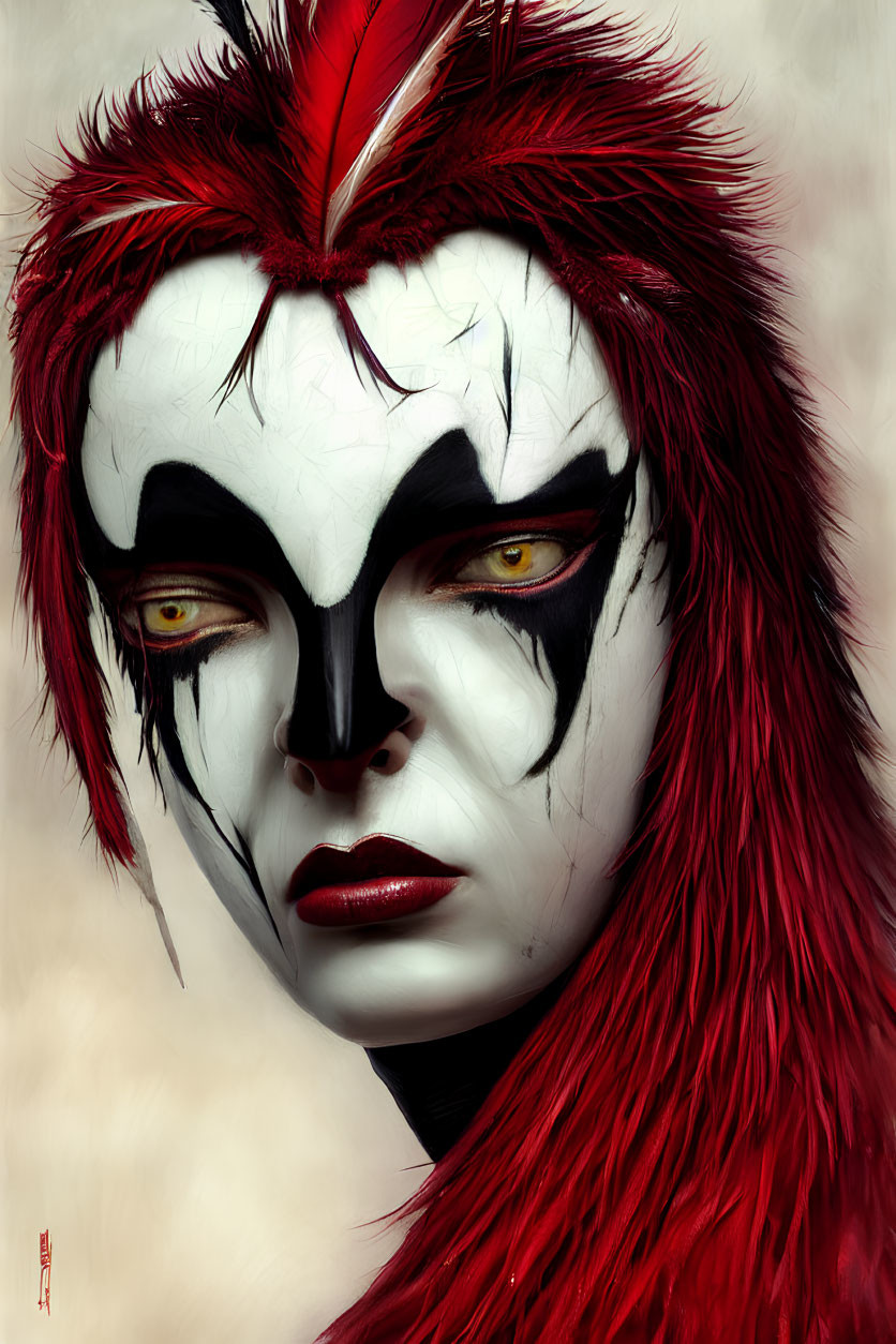 Portrait of person with dramatic makeup and feathered hairstyle